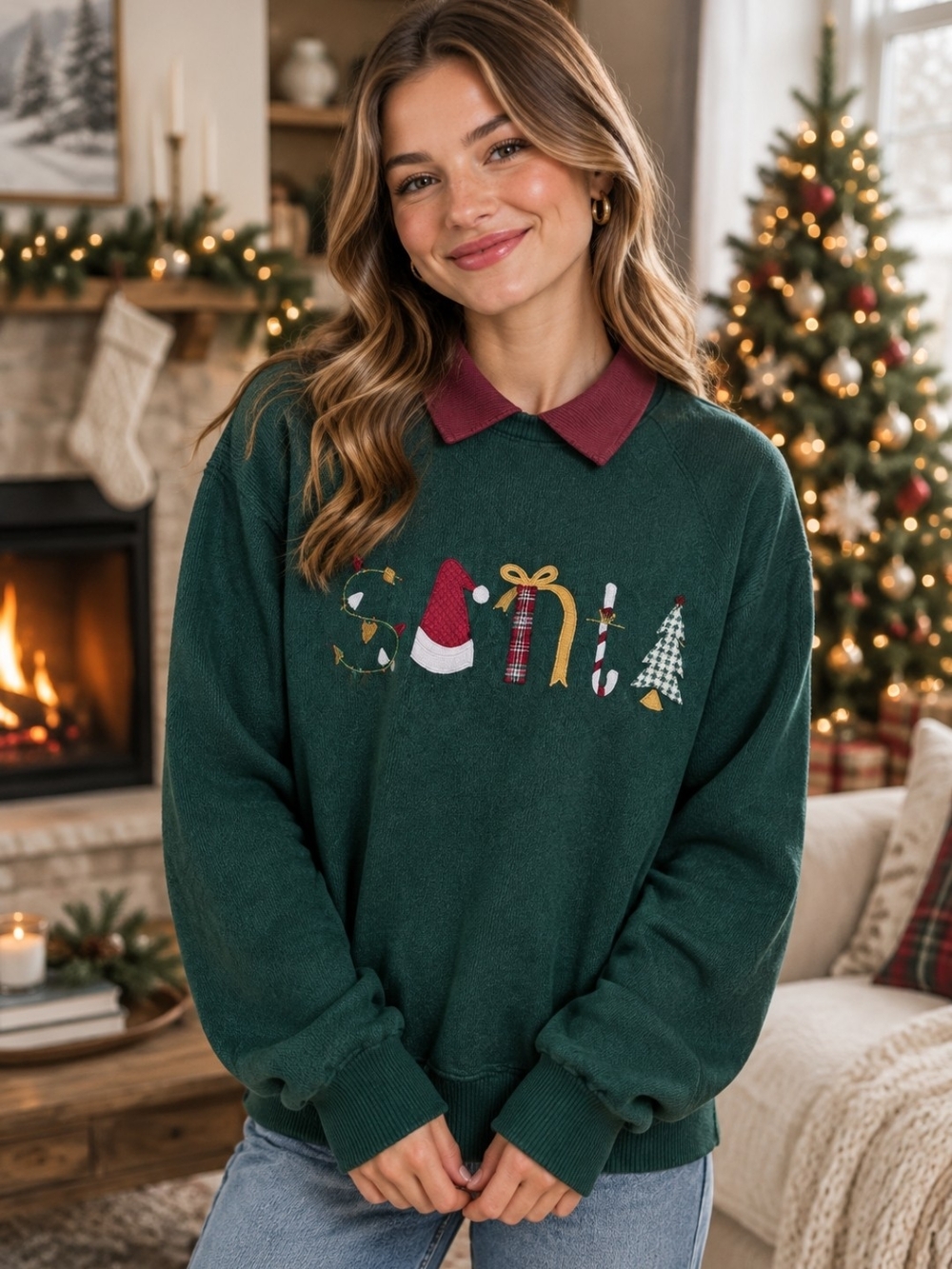 Vintage Forest Green Women's Holiday Crewneck Sweater with Burgundy Collar